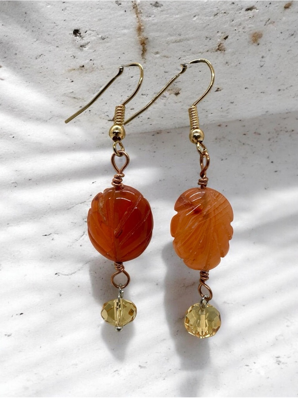 Orange Leaf Beaded Dangle Earrings Gold Tone Handmade Boho Jewelry